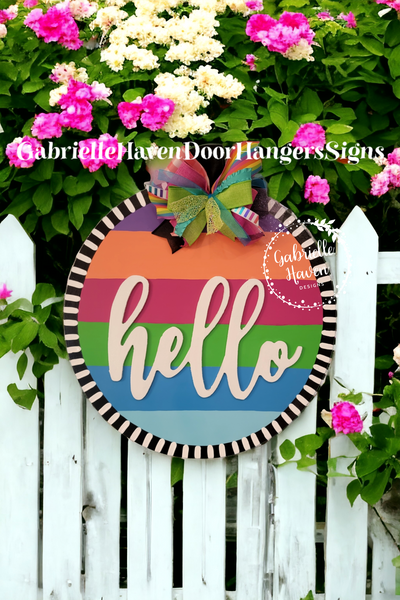 "Hello" 3D Striped Colored Round Sign