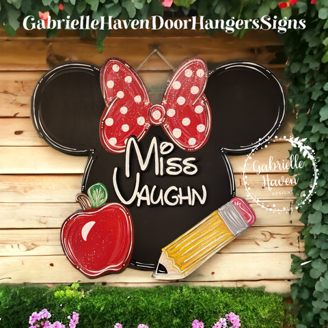 RED Bow, Minnie Teacher Sign with 3D personalization