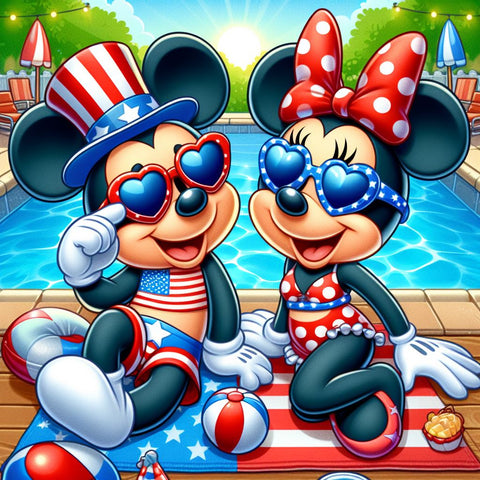 Summer Patriotic Mickey Minnie Pool Party, Round Shape, 22"