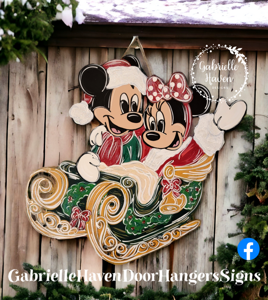 Christmas Sleigh Mickey & Minnie, 23" height x 25" wide