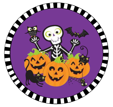 Halloween Skeleton, Black Cat, & Pumpkins Striped Round Design