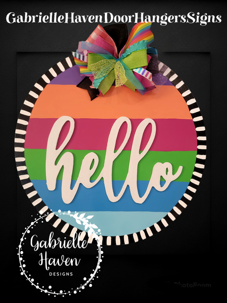 "Hello" 3D Striped Colored Round Sign