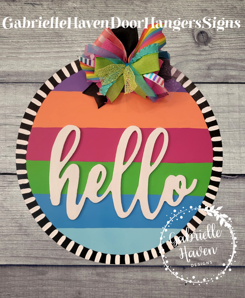 "Hello" 3D Striped Colored Round Sign