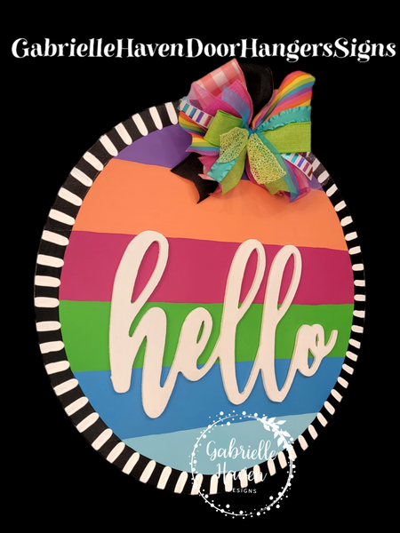 "Hello" 3D Striped Colored Round Sign