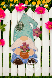 3D Flower Gnome, Blue & Green Tones, Pink Flowers