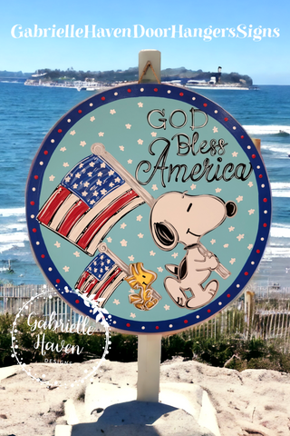 Snoopy God Bless America, Blue Border with Red & White Dots