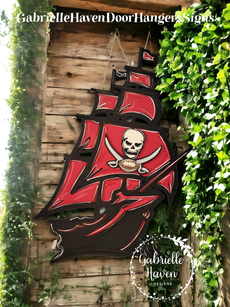 Tampa Bay Buccaneers Pirate Ship Football Door Hanger, Front Door Sign,  Football Wreath Sign, Football Door Hanger Sign, Football Door Decor,  Football Sign, handpainted wood door hanger, handmade, Housewarming Gift,  Fall Door
