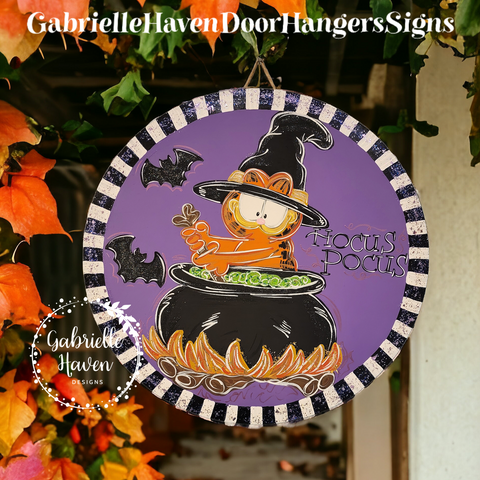 Garfield Door Hanger Sign, Halloween Garfield Witch Door Hanger Sign