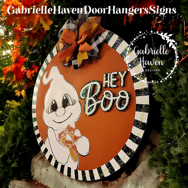 Hey Boo Halloween Ghost with Striped Border