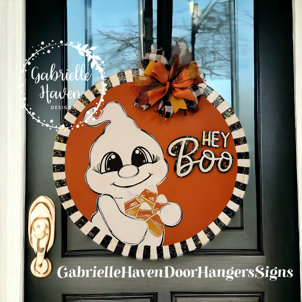 Hey Boo Halloween Ghost with Striped Border