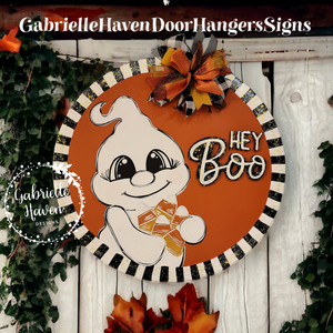 Hey Boo Halloween Ghost with Striped Border