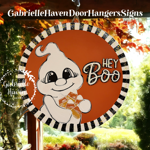 Hey Boo Halloween Ghost with Striped Border