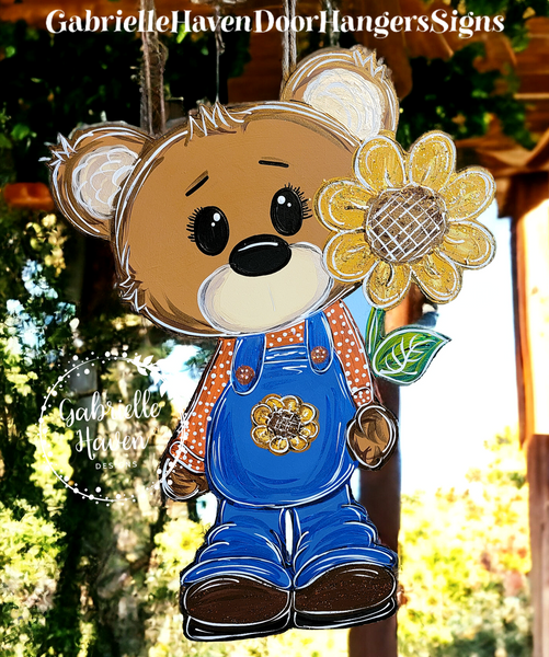 Fall Sunflower Door Hanger, Front Door Sign, Bear Door Hanger