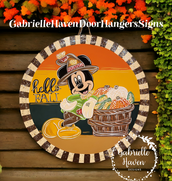 Mickey "Hello Fall" Scarecrow & Pumpkin Bucket (Striped Border)