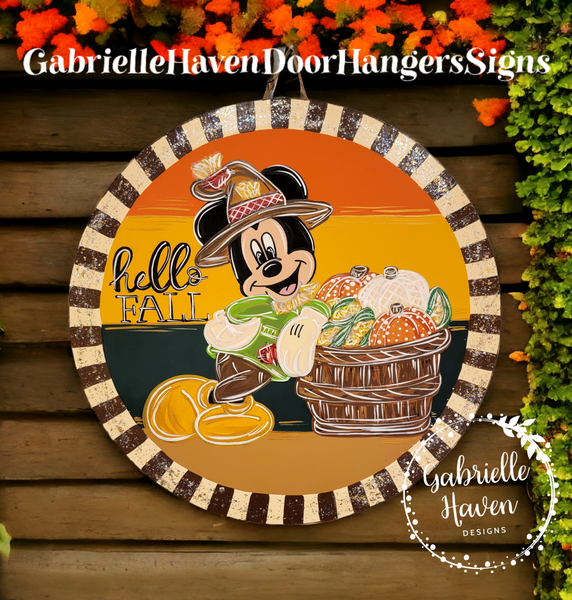 Mickey "Hello Fall" Scarecrow & Pumpkin Bucket (Striped Border)