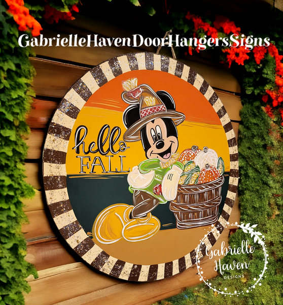 Mickey "Hello Fall" Scarecrow & Pumpkin Bucket (Striped Border)