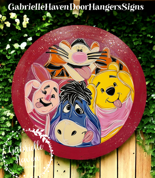 Pooh and Friends Silly Faces, Pink Border WITH hanging name piece