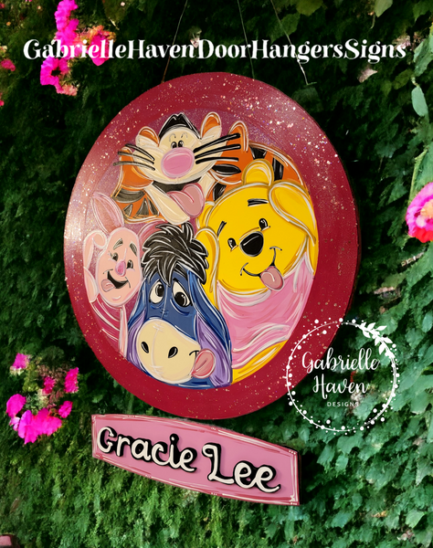 Pooh and Friends Silly Faces, Pink Border WITH hanging name piece