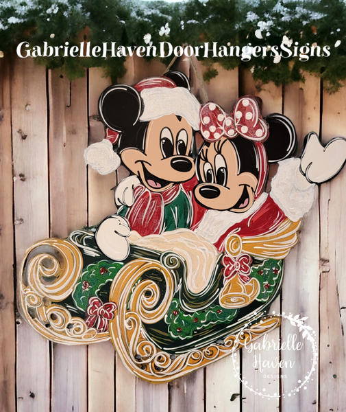 Christmas Sleigh Mickey & Minnie, 23" height x 25" wide