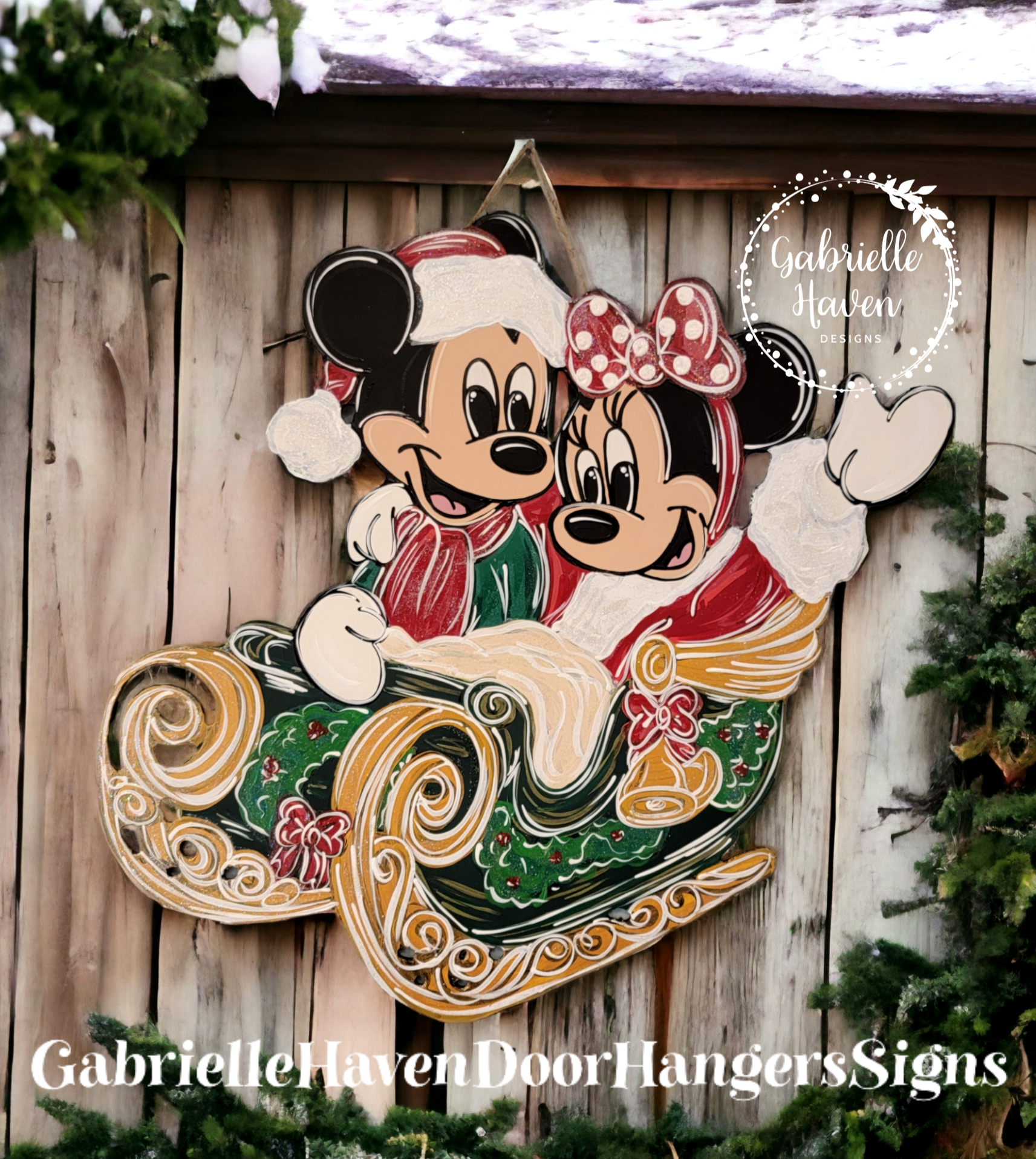 Christmas Sleigh Mickey & Minnie, 23" height x 25" wide