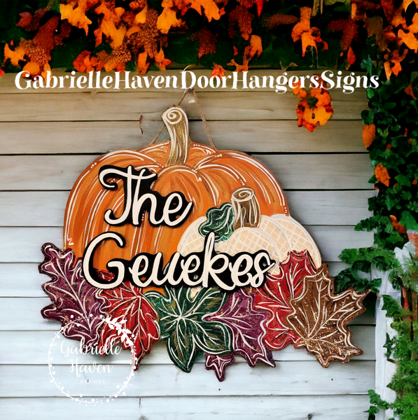 Fall Pumpkin and Fall Leaves Door Hanger, Wall Sign or Outdoor Decor