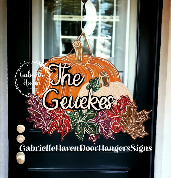 Fall Pumpkin and Fall Leaves Door Hanger, Wall Sign or Outdoor Decor