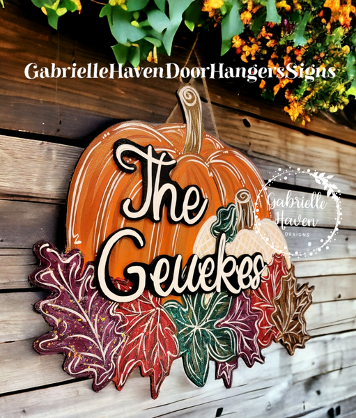 Fall Pumpkin and Fall Leaves Door Hanger, Wall Sign or Outdoor Decor