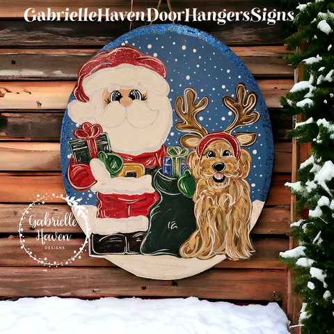 Santa with Golden Doodle Reindeer and Gingerbreads