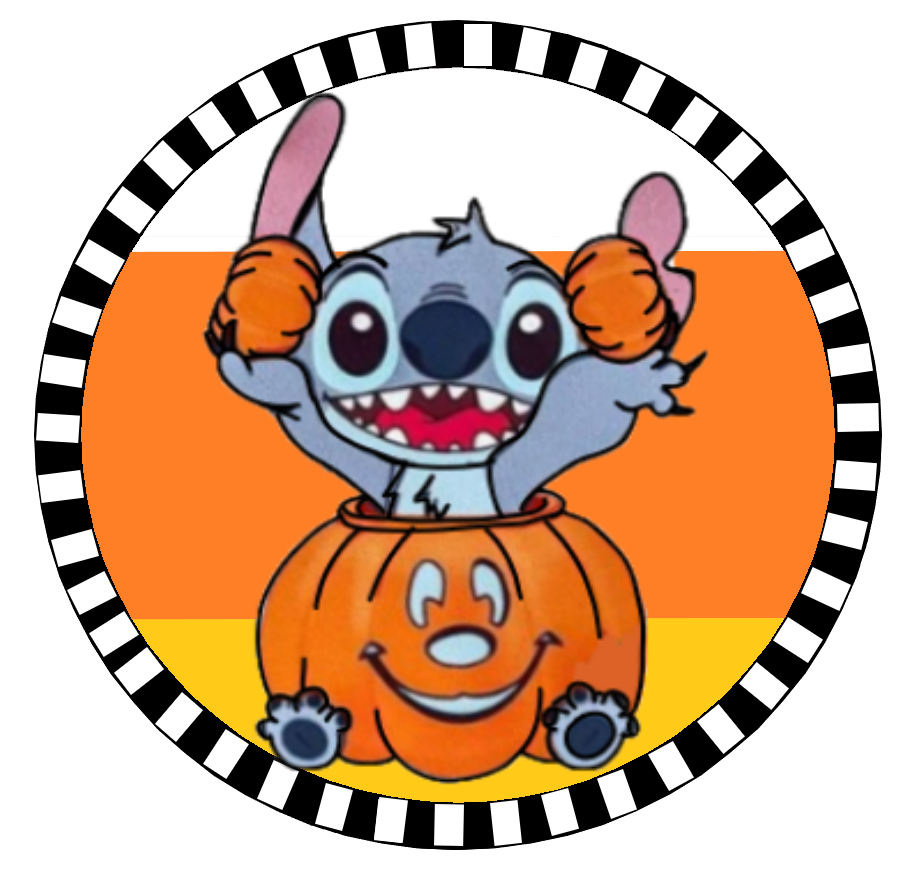 Stitch in a Mickey Pumpkin, Striped Candy Corn Background & Striped Border