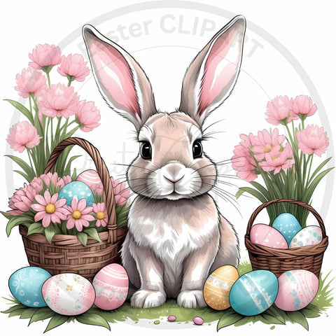 Easter Bunny with Egg Basket and Flowers