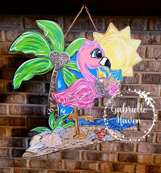 Flamingo at the Beach with Drink, 22"