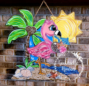 Flamingo at the Beach with Drink, 22"