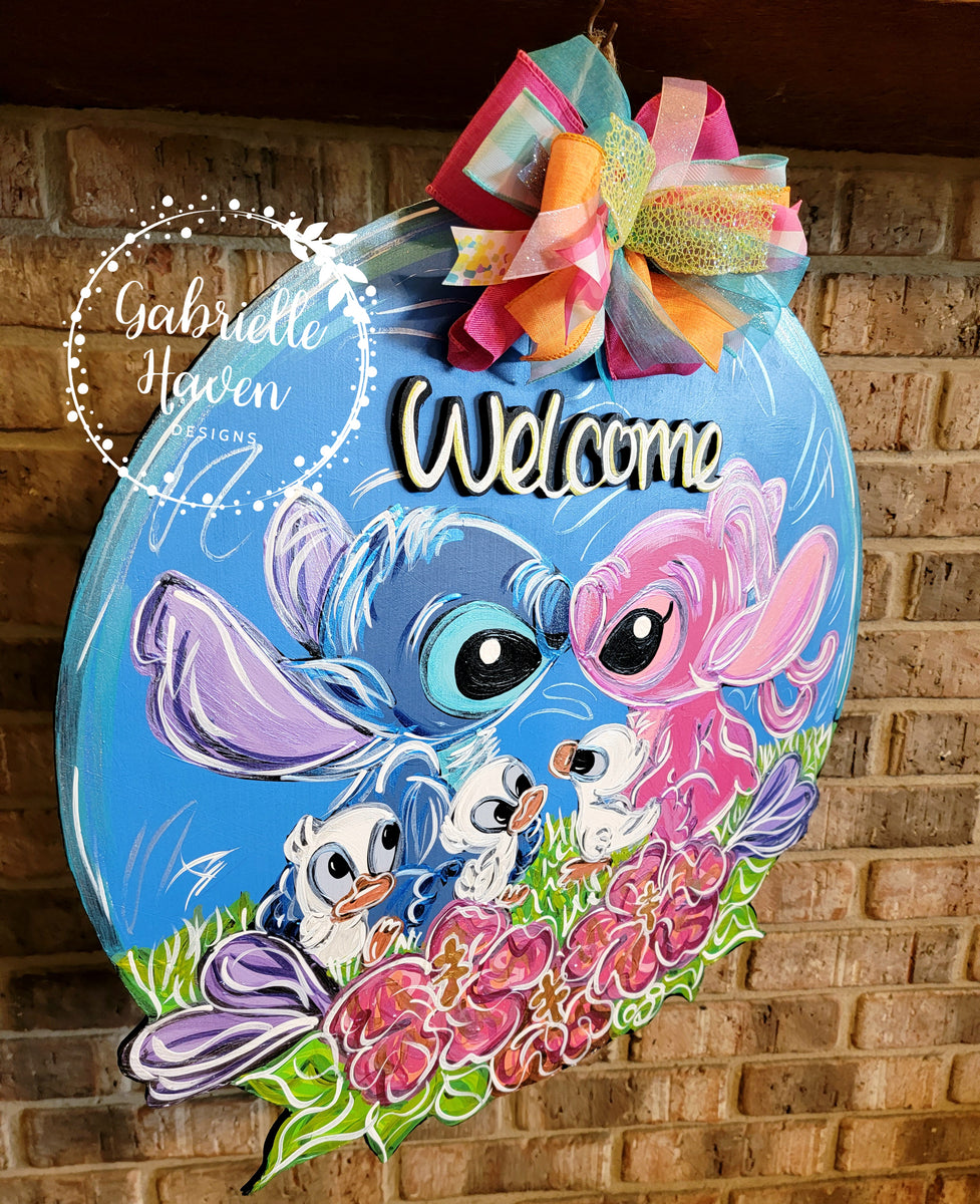 Stitch and Angel with Ducks, Stitch Door Hanger, Stitch Door Sign ...