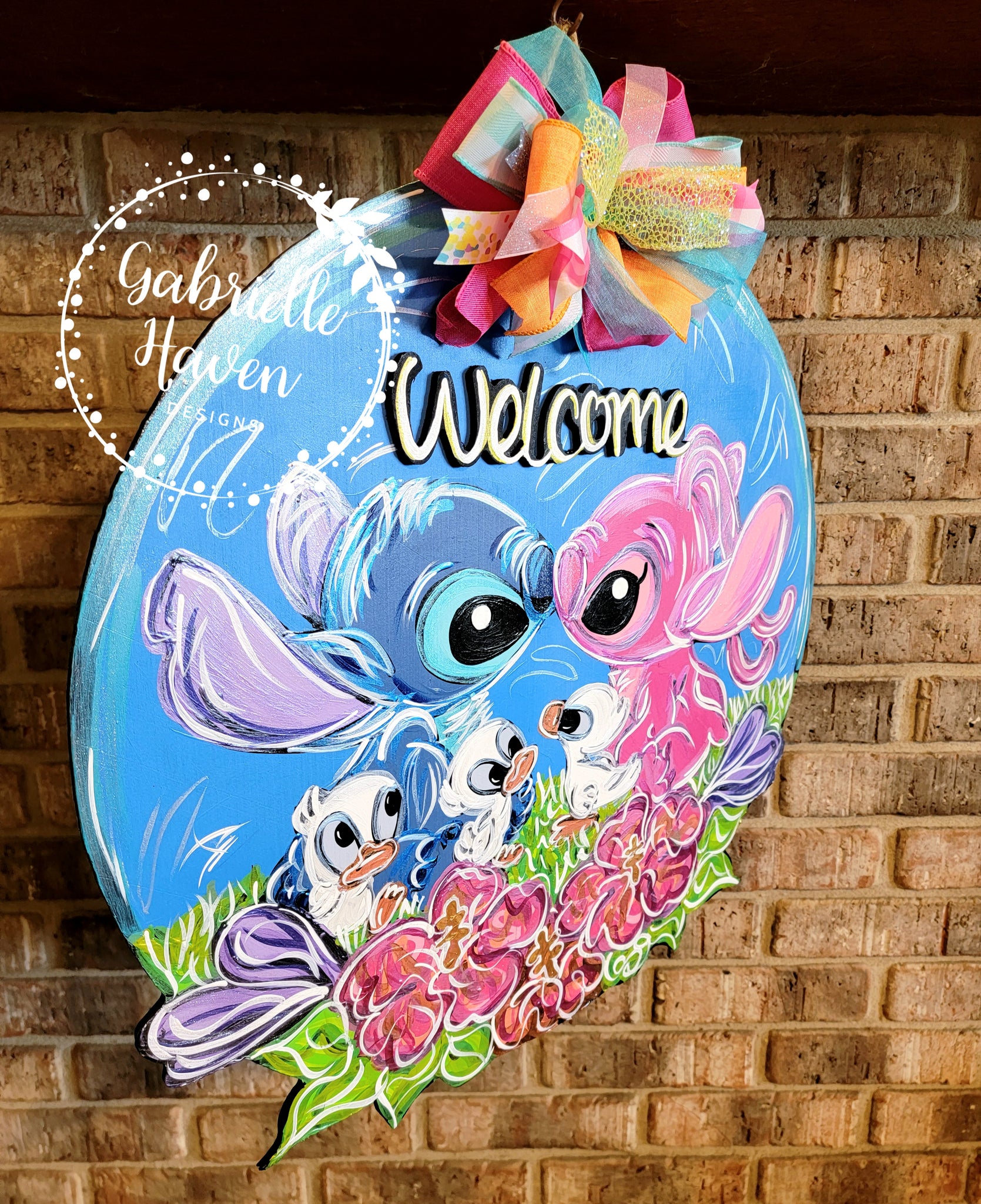 Stitch and Angel with Ducks, Stitch Door Hanger, Stitch Door Sign ...