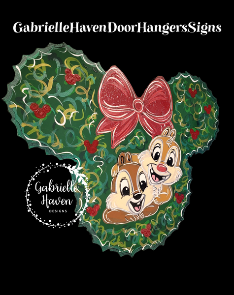 Chip and Dale Christmas Wreath, 24" wide (no middle cuts on mouse ears)