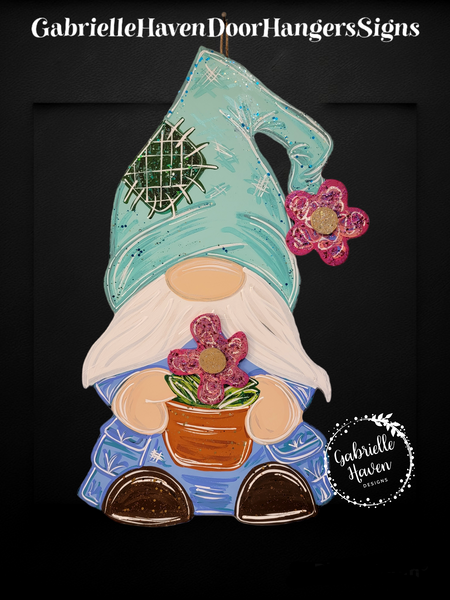 3D Flower Gnome, Blue & Green Tones, Pink Flowers