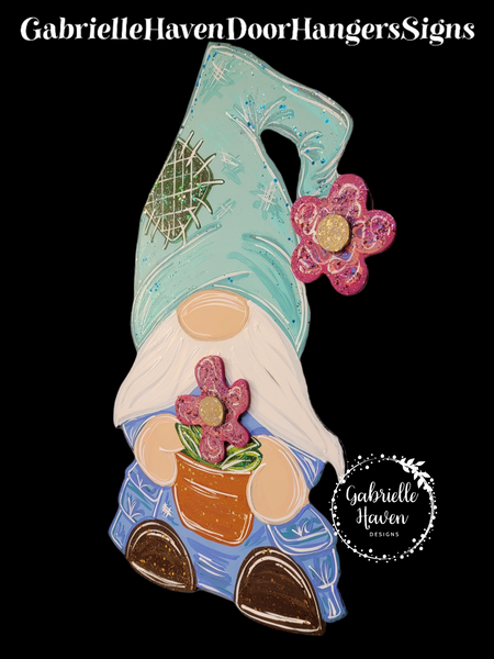 3D Flower Gnome, Blue & Green Tones, Pink Flowers