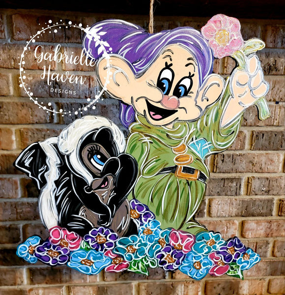 Dopey Dwarf and Flower Door Hanger, Disney Door Hanger, Bambi Door Hanger, Welcome Sign, Dopey Garden Sign, Dopey Yard Art, Disney Yard Art
