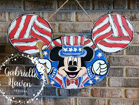 Patriotic Door Hanger, Patriotic Wreath, Red White Blue Decor, Disney Door Hanger, Mickey Uncle Sam, Independence, 4th of July Decor, Summer Door Sign