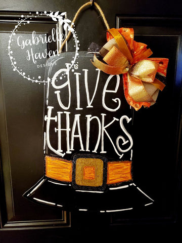 Give Thanks Door Sign, Pilgrim Hat, Thanksgiving Door Hanger, Fall Door Hanger, Fall Door Sign