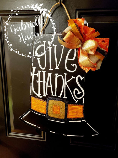 Give Thanks Door Sign, Pilgrim Hat, Thanksgiving Door Hanger, Fall Door Hanger, Fall Door Sign