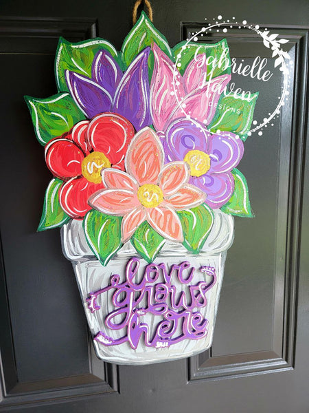 Flower Door Hanger, Flower Pot Door Sign, Love Grows Here, Spring Door Hanger, Summer Door Hanger