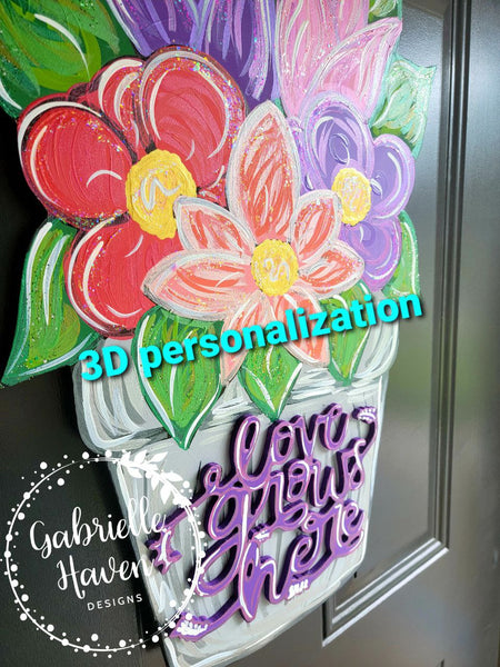 Flower Door Hanger, Flower Pot Door Sign, Love Grows Here, Spring Door Hanger, Summer Door Hanger