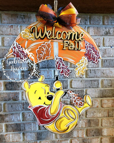 Fall Door Hanger, Winnie the Pooh Door Hanger Sign, Welcome Fall Door Sign