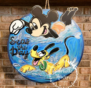 Seas the Day Door Sign, Mickey Pluto Summer Door Hanger Sign Decor