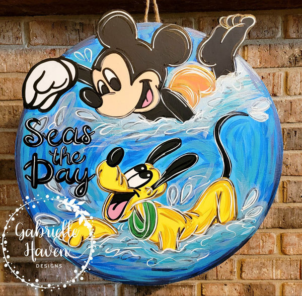 Seas the Day Door Sign, Mickey Pluto Summer Door Hanger Sign Decor