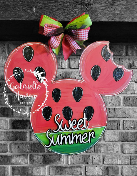Mickey Inspired Watermelon Summer Door Hanger Sign, Front Door Sign Decor, Disney Summer Door Hanger