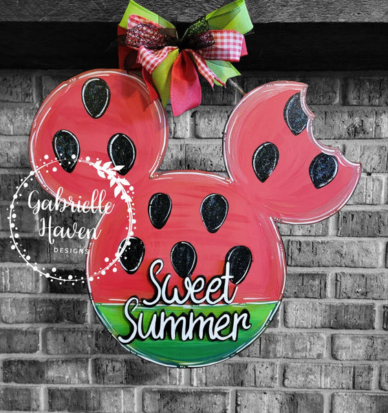 Mickey Inspired Watermelon Summer Door Hanger Sign, Front Door Sign Decor, Disney Summer Door Hanger