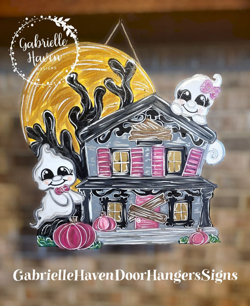 Haunted House Door Hanger Sign, Halloween Door Hanger Sign