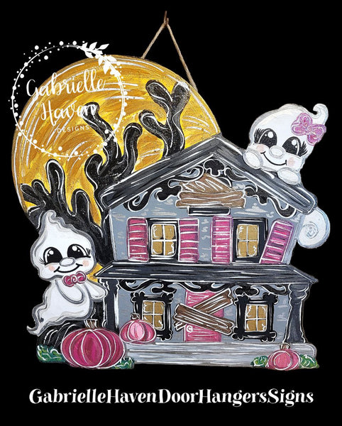 Haunted House Door Hanger Sign, Halloween Door Hanger Sign